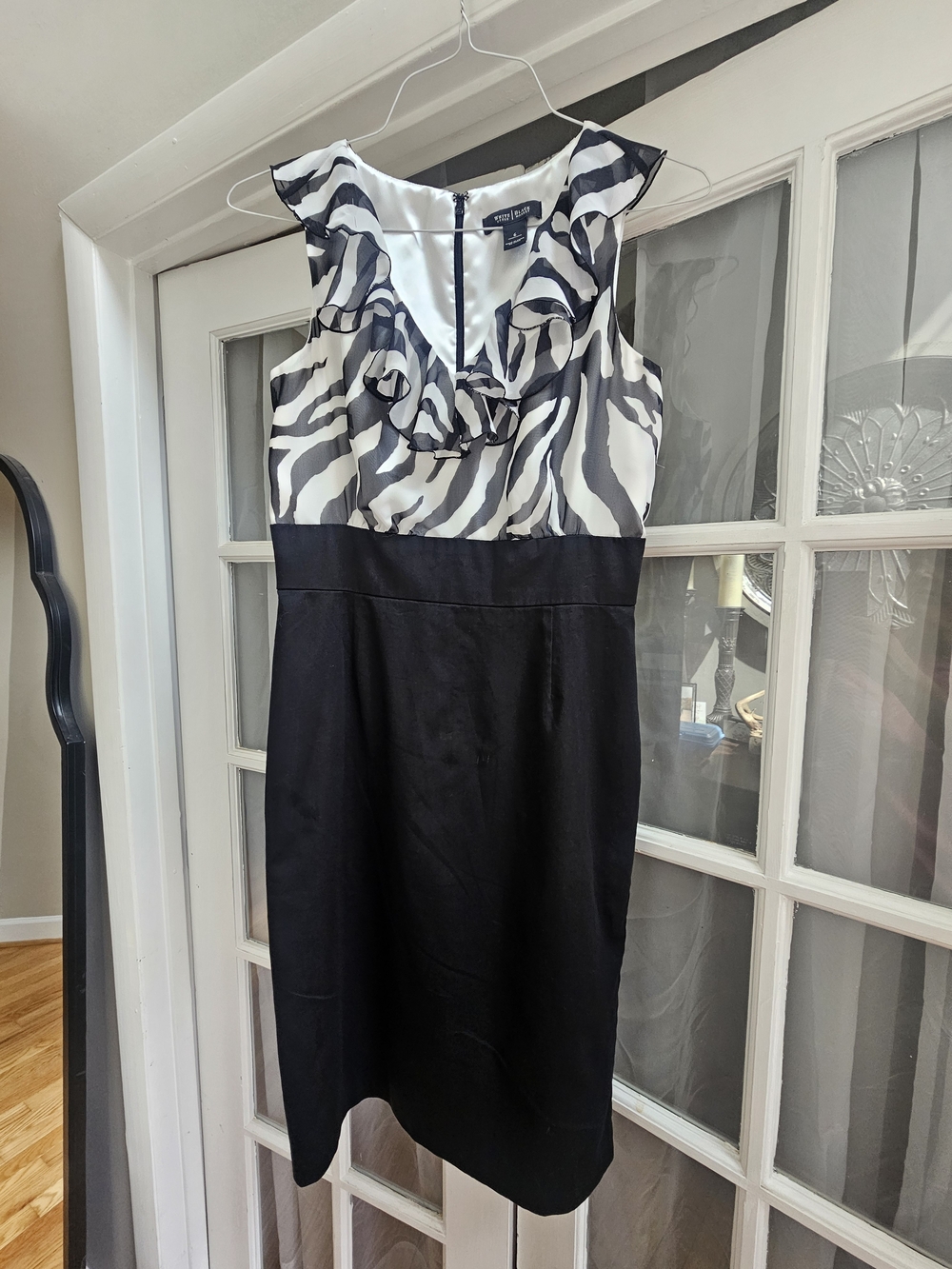 White House Black Market Black and White Zebra Ruffle Sheath Dress